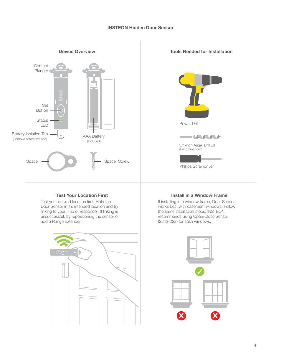 Insteon hidden door sensor, Device overview, Tools needed for installation | Test your location first, Install in a window frame, Test your location first install in a window frame | INSTEON Hidden Door Sensor (2845-222) Manual User Manual | Page 4 / 35