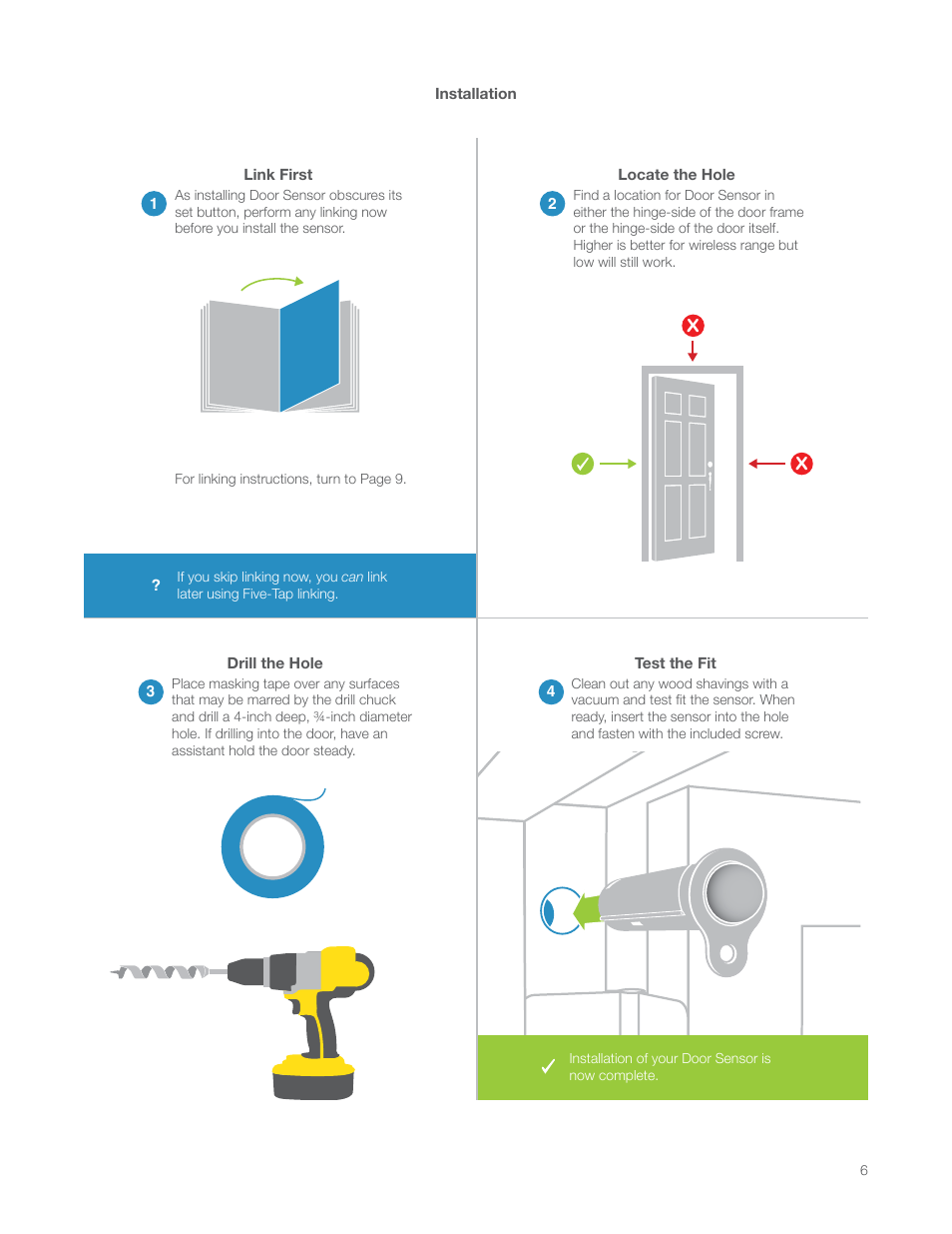 Link first, Locate the hole, Drill the hole | Test the fit | INSTEON Hidden Door Sensor (2845-222) Manual User Manual | Page 6 / 35