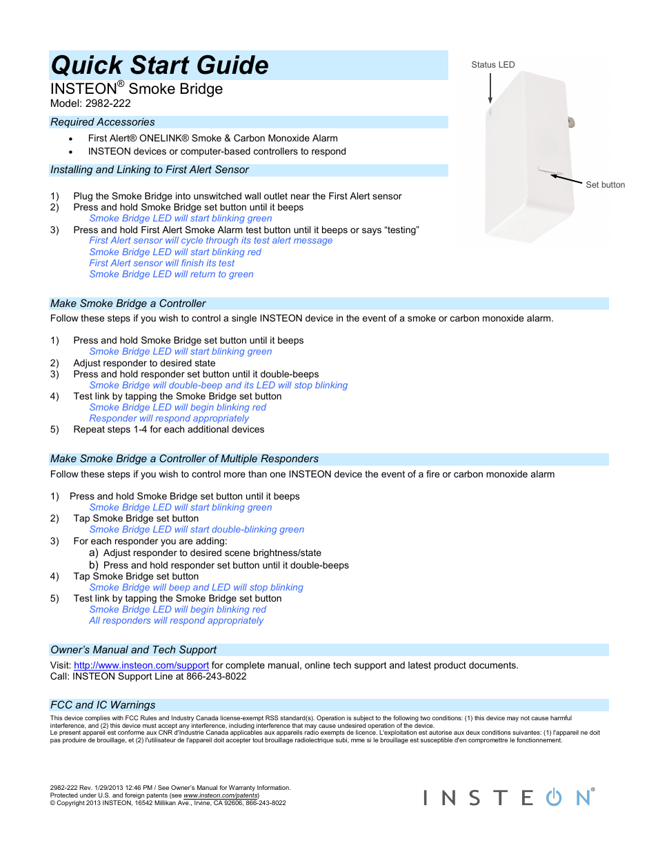 INSTEON Smoke Bridge (2982-222) Quick Start User Manual | 1 page