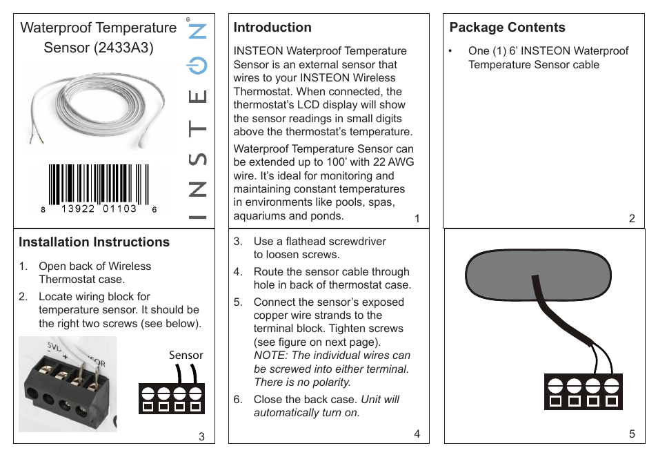 INSTEON Waterproof Temperature Sensor for INSTEON Wireless Thermostat (2433A3) User Manual | 2 pages