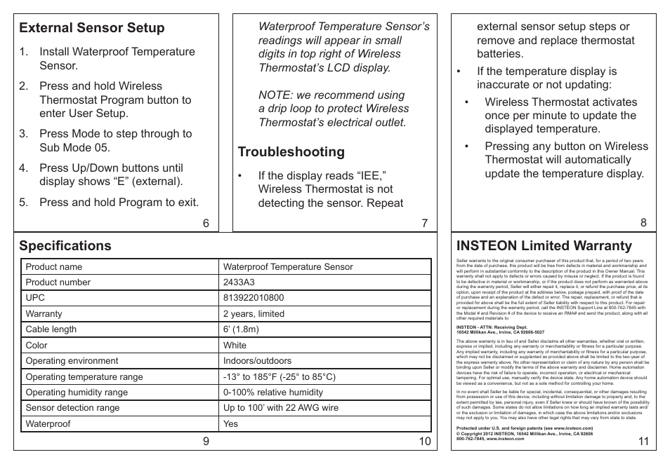 Insteon limited warranty, External sensor setup, Troubleshooting | Specifications | INSTEON Waterproof Temperature Sensor for INSTEON Wireless Thermostat (2433A3) User Manual | Page 2 / 2