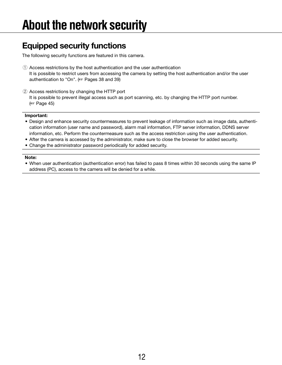 About the network security, Equipped security functions | Panasonic WV-SP102 User Manual | Page 12 / 64