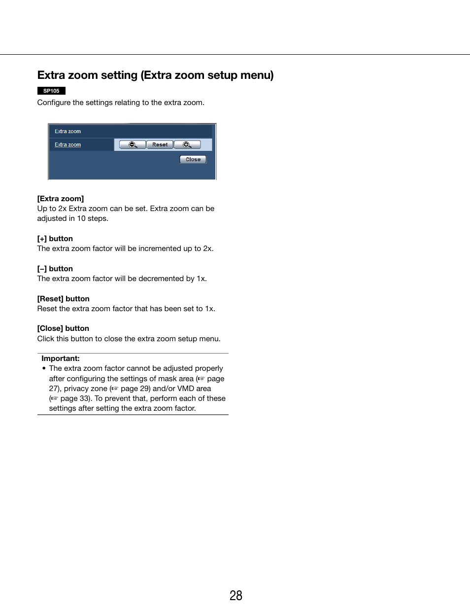 Extra zoom setting (extra zoom setup menu) | Panasonic WV-SP102 User Manual | Page 28 / 64