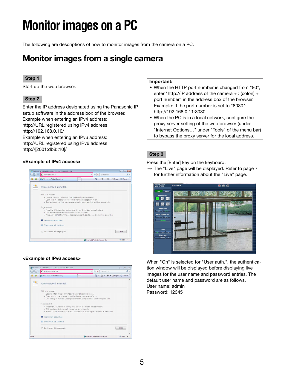 Monitor images on a pc, Monitor images from a single camera | Panasonic WV-SP102 User Manual | Page 5 / 64