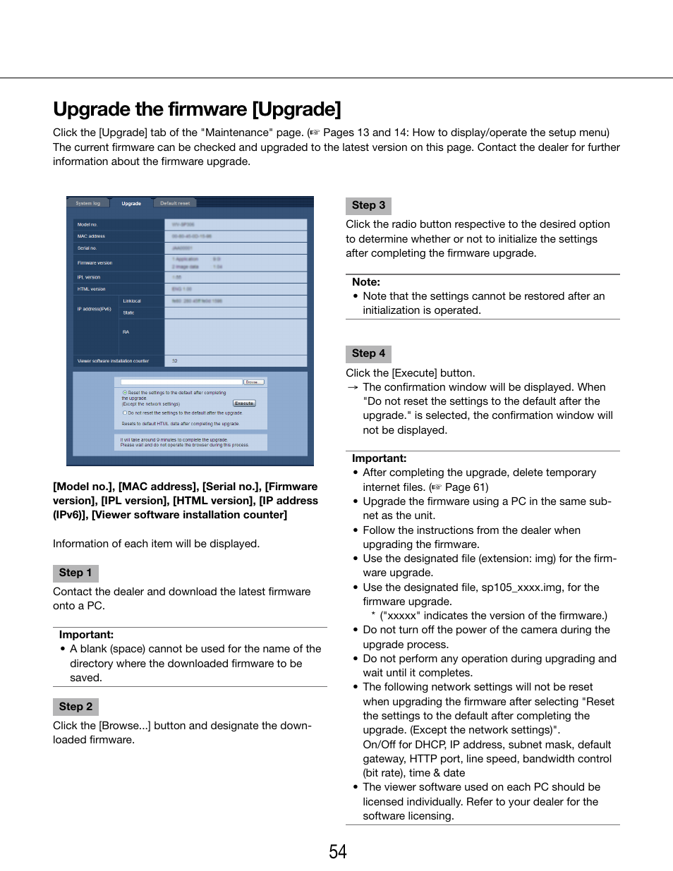 Upgrade the firmware [upgrade, 54 55 upgrade the firmware [upgrade | Panasonic WV-SP102 User Manual | Page 54 / 64