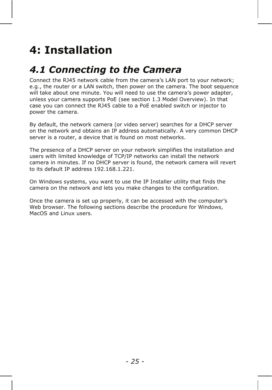 Installation, 1 connecting to the camera | INTELLINET NETWORK NSC15-WG User Manual User Manual | Page 25 / 115