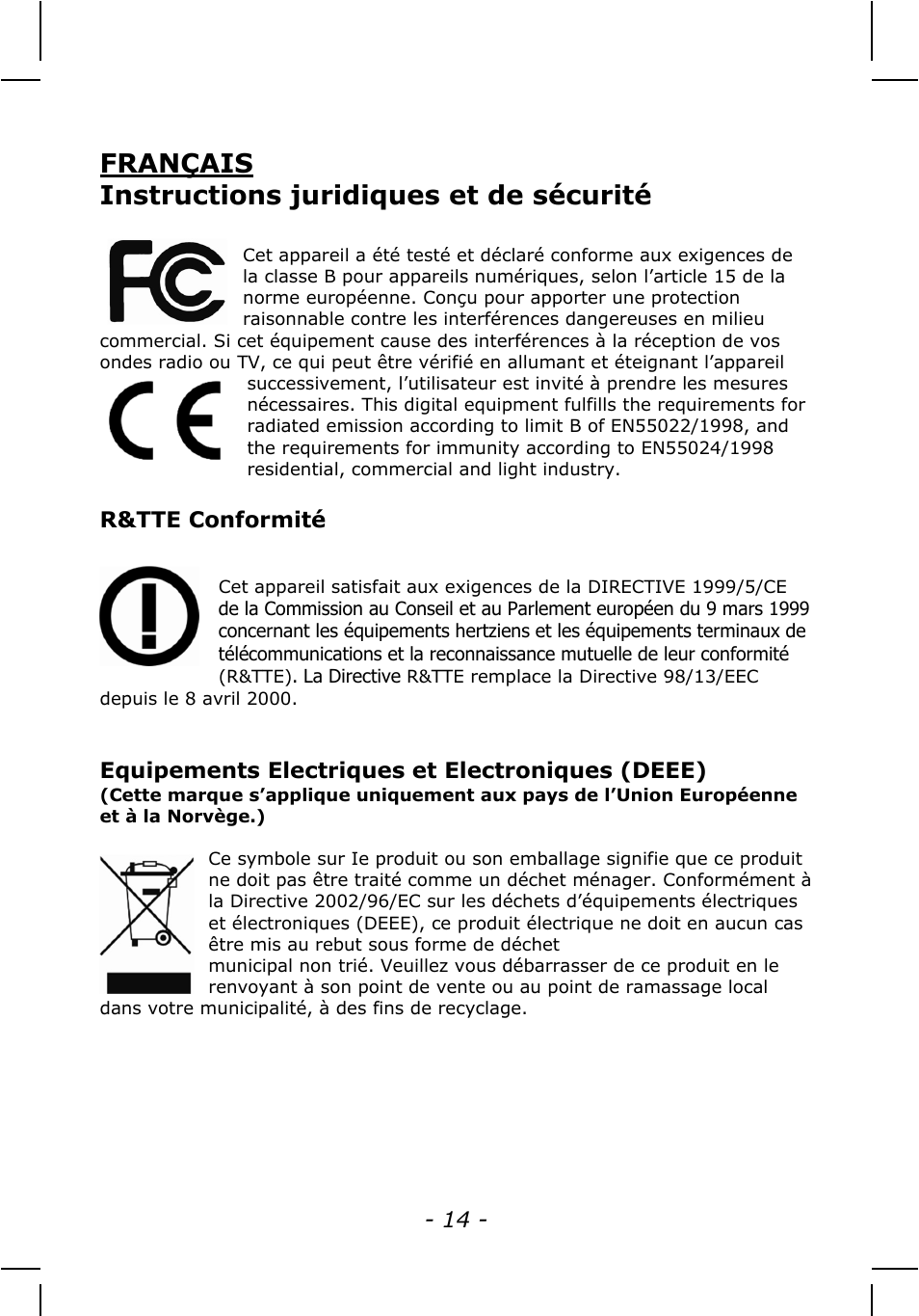 Français instructions juridiques et de sécurité | INTELLINET NETWORK IDC-767IR Quick Install Guide User Manual | Page 14 / 36