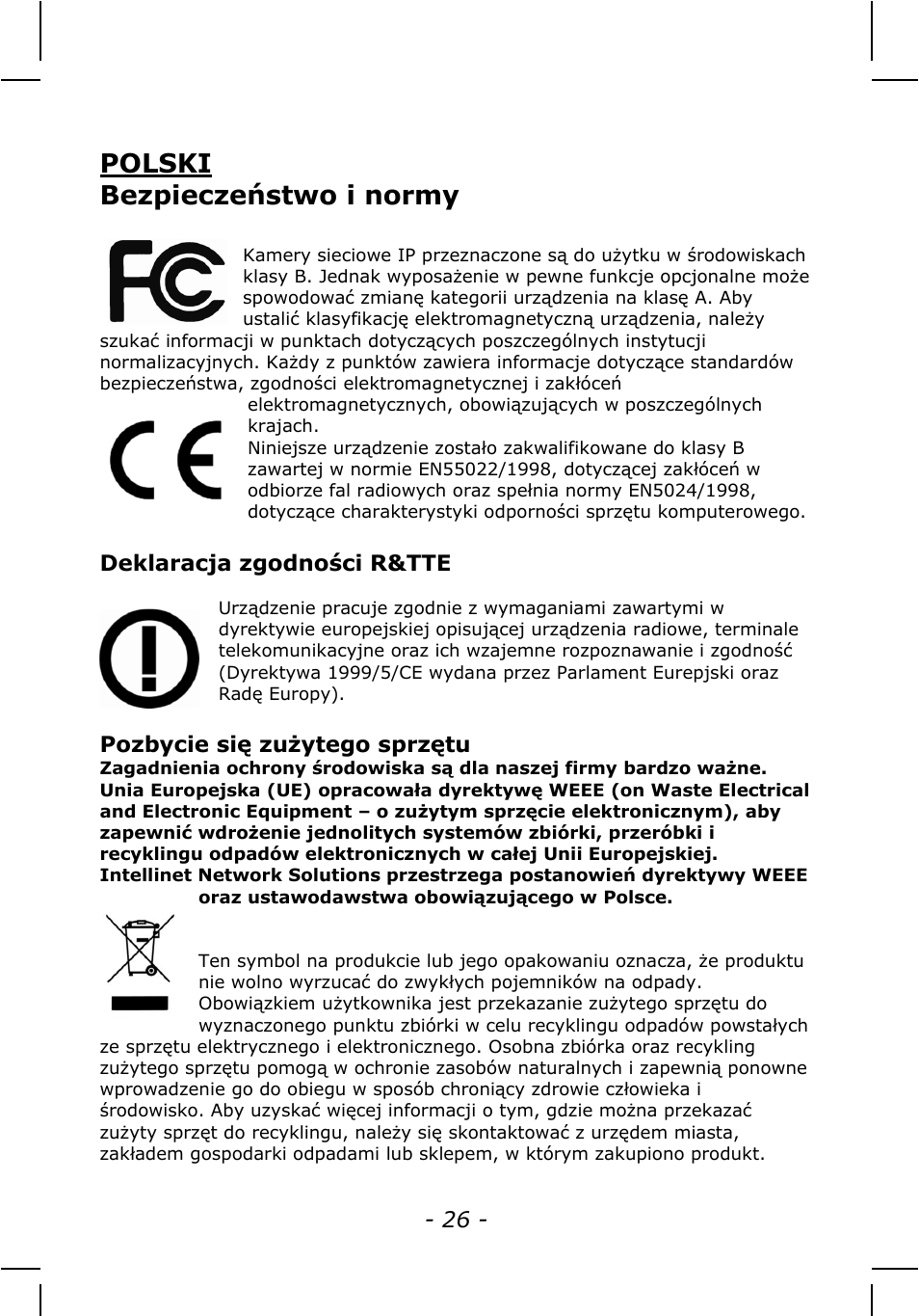 Polski bezpieczeństwo i normy | INTELLINET NETWORK IDC-767IR Quick Install Guide User Manual | Page 26 / 36