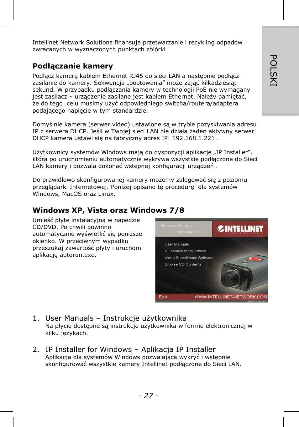 Polski | INTELLINET NETWORK IDC-767IR Quick Install Guide User Manual | Page 27 / 36