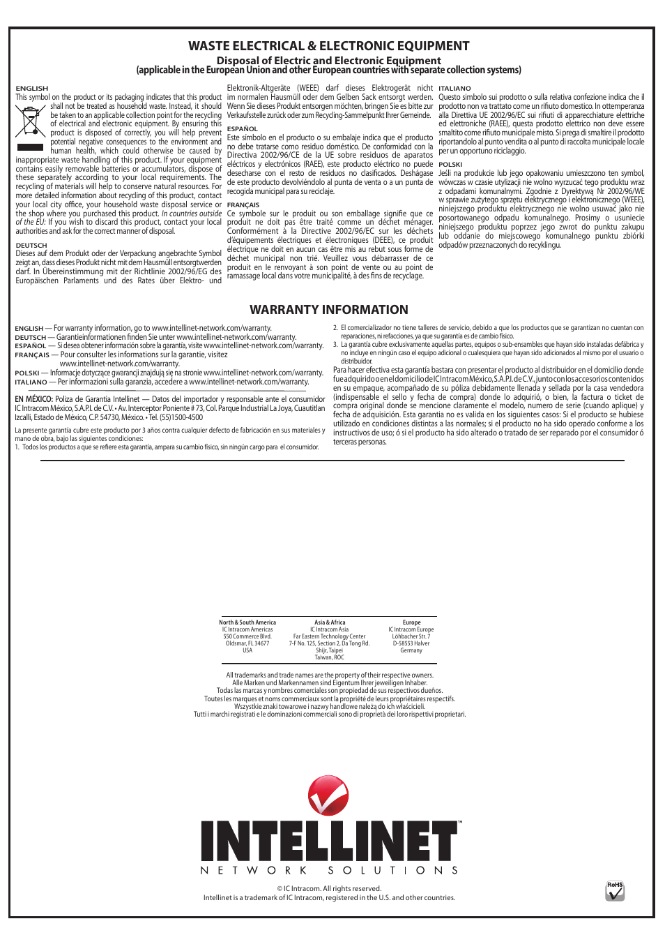 Waste electrical & electronic equipment, Warranty information | INTELLINET NETWORK 500449 High-Gain Panel Directional Antenna User Manual | Page 2 / 2
