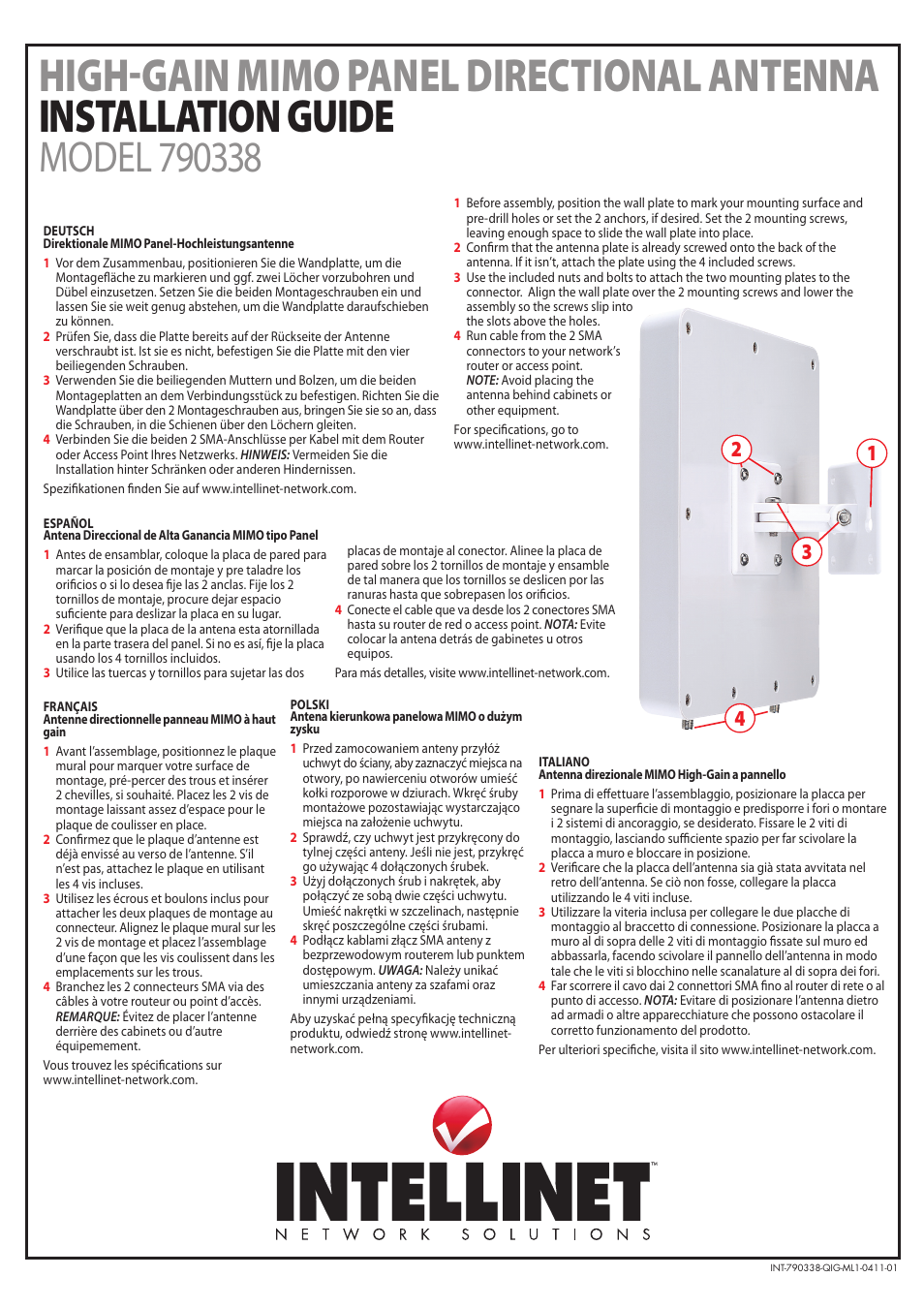 INTELLINET NETWORK 790338 High-Gain MIMO Panel Directional Antenna User Manual | 2 pages