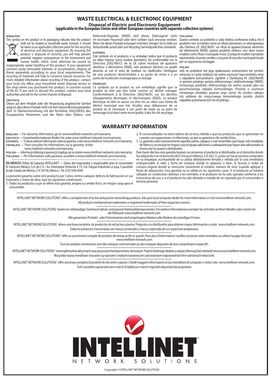 Waste electrical & electronic equipment, Warranty information | INTELLINET NETWORK 790338 High-Gain MIMO Panel Directional Antenna User Manual | Page 2 / 2