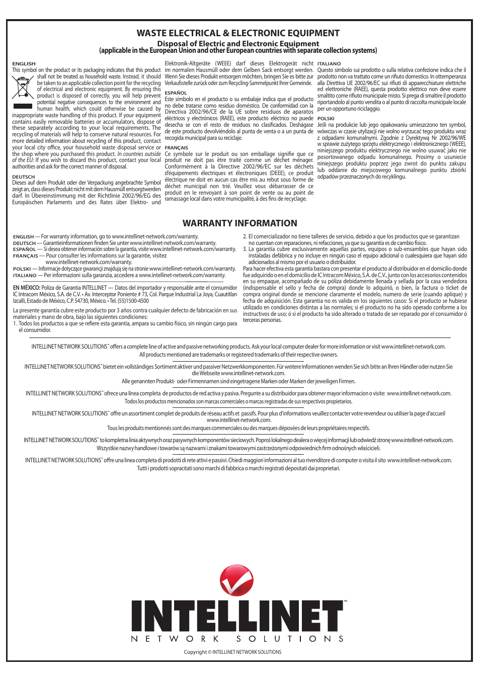 Waste electrical & electronic equipment, Warranty information | INTELLINET NETWORK 524025 Dual-Band Ceiling Mount Antenna User Manual | Page 2 / 2