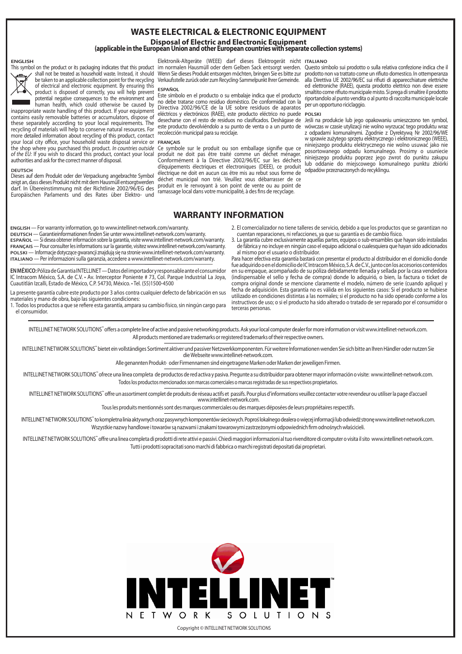 Waste electrical & electronic equipment, Warranty information | INTELLINET NETWORK 502306 High-Gain Omni-Directional Antenna User Manual | Page 2 / 2