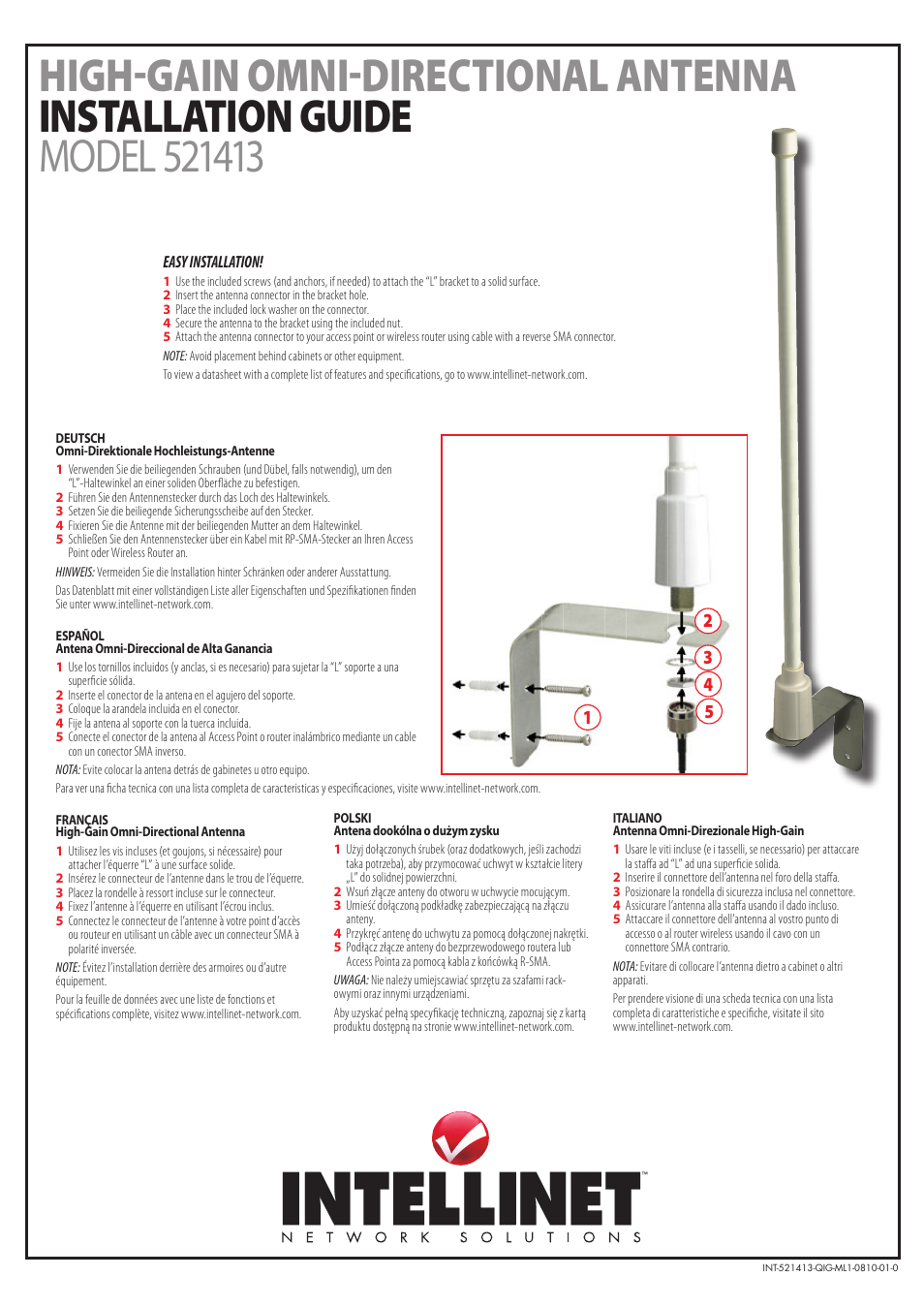 INTELLINET NETWORK 521413 High-Gain Omni-Directional Antenna User Manual | 2 pages