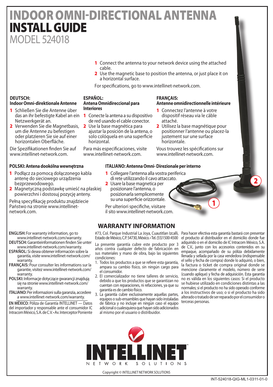 INTELLINET NETWORK 524018 Indoor Omni-Directional Antenna User Manual | 1 page