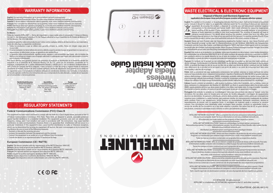 INTELLINET NETWORK 525282 iStream HD Wireless Media Adapter Quick Install Guide User Manual | 2 pages