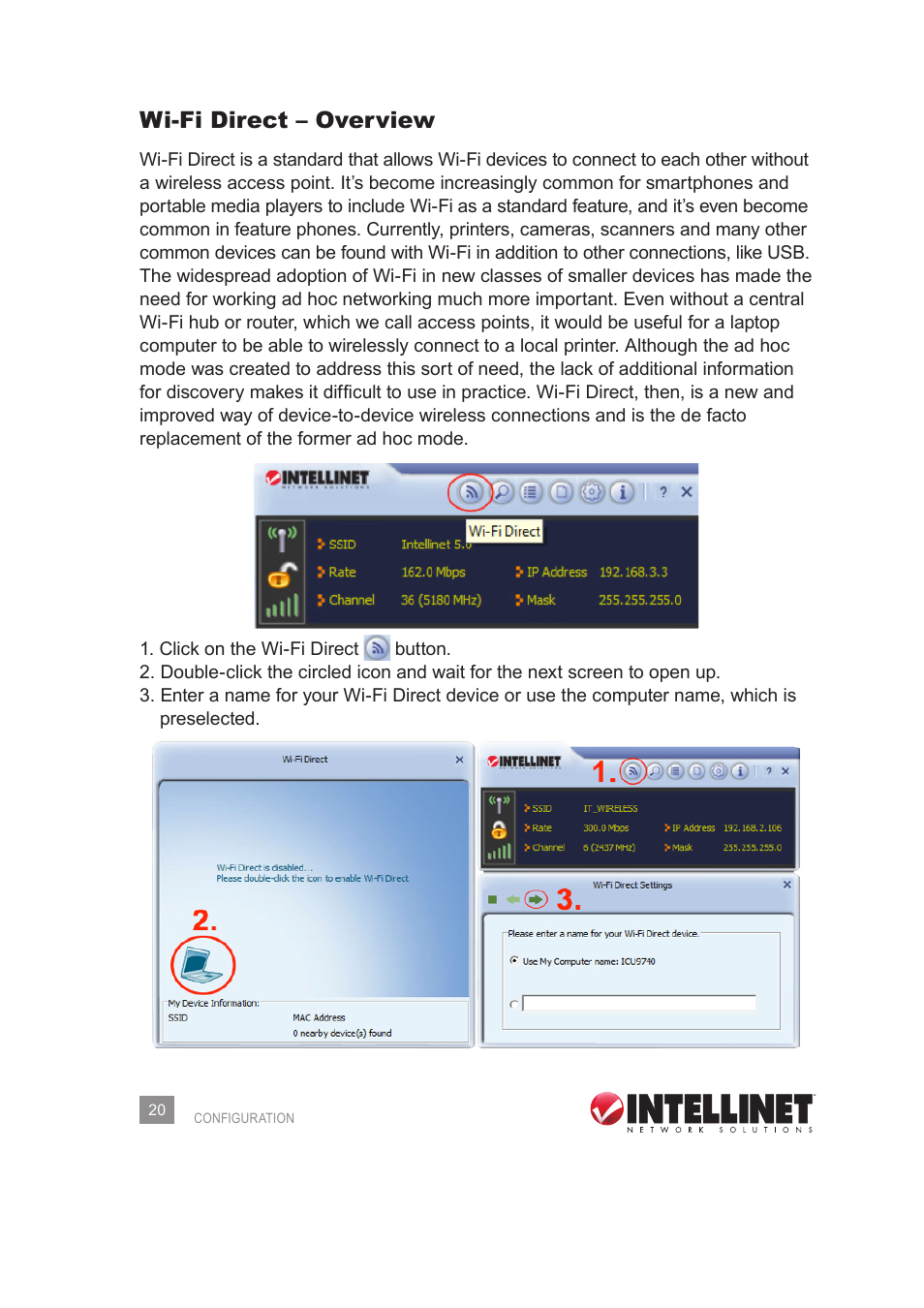 Wi-fi direct – overview | INTELLINET NETWORK 525275 Wireless 450N Dual-Band USB Adapter User Manual User Manual | Page 20 / 40