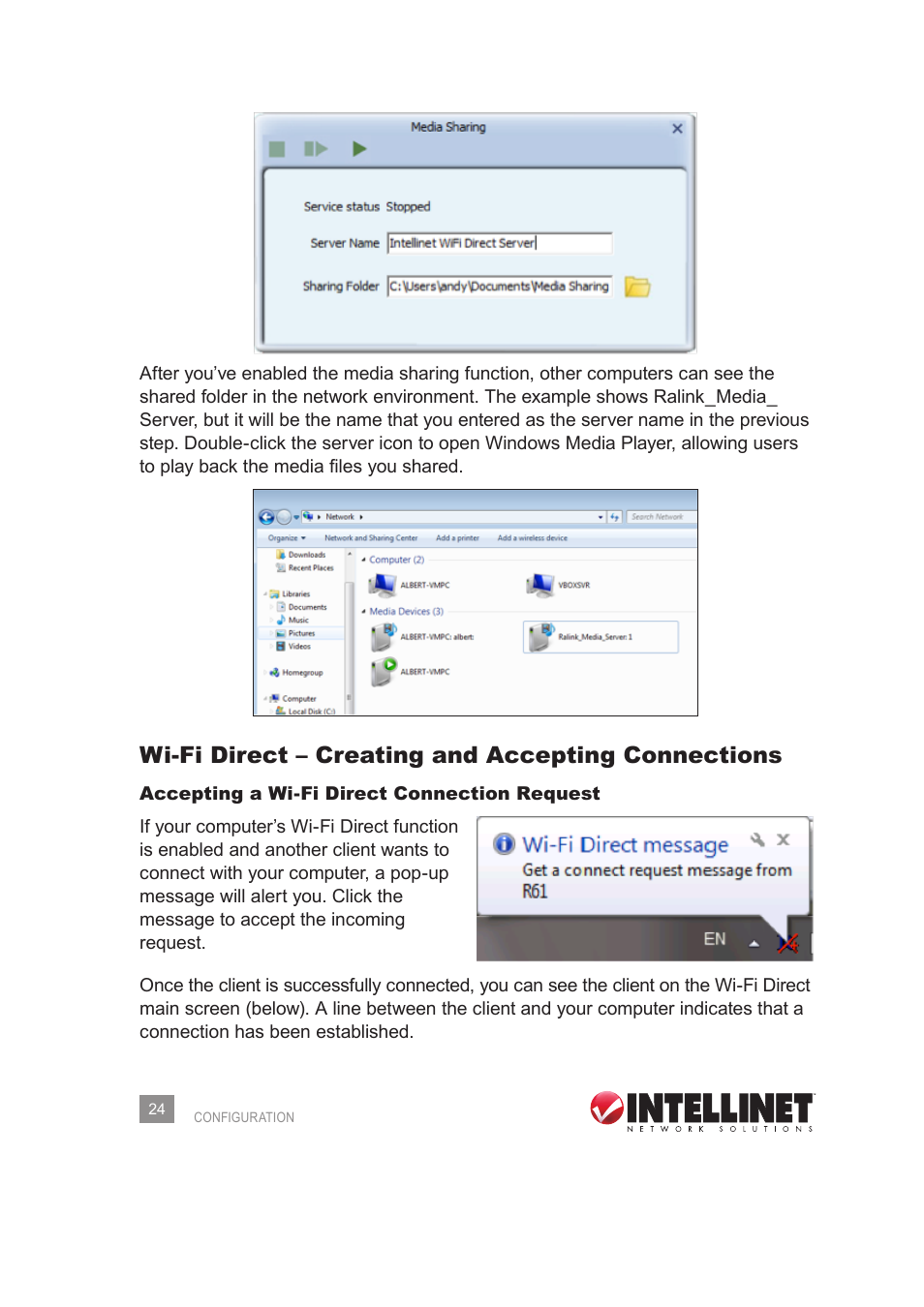 Wi-fi direct – creating and accepting connections | INTELLINET NETWORK 525275 Wireless 450N Dual-Band USB Adapter User Manual User Manual | Page 24 / 40