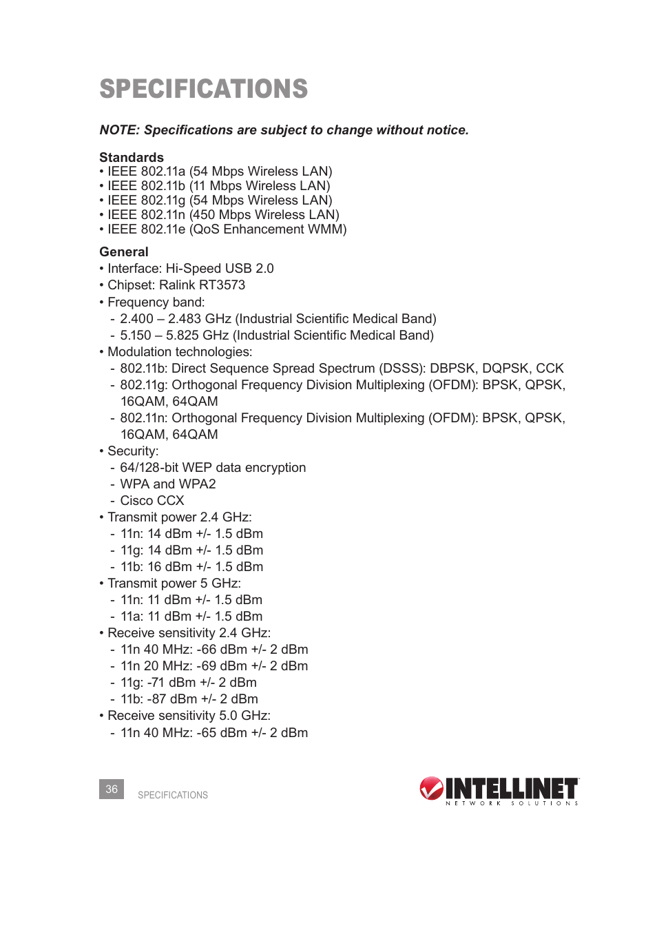 Specifications | INTELLINET NETWORK 525275 Wireless 450N Dual-Band USB Adapter User Manual User Manual | Page 36 / 40