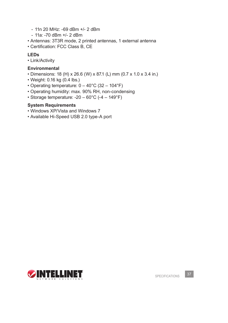 INTELLINET NETWORK 525275 Wireless 450N Dual-Band USB Adapter User Manual User Manual | Page 37 / 40