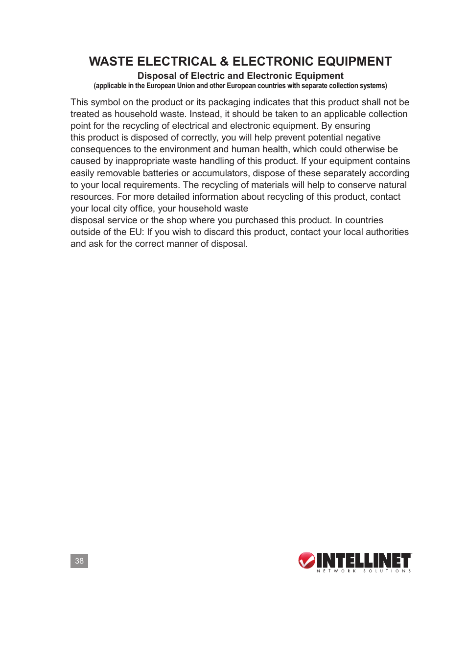 Waste electrical & electronic equipment | INTELLINET NETWORK 525275 Wireless 450N Dual-Band USB Adapter User Manual User Manual | Page 38 / 40