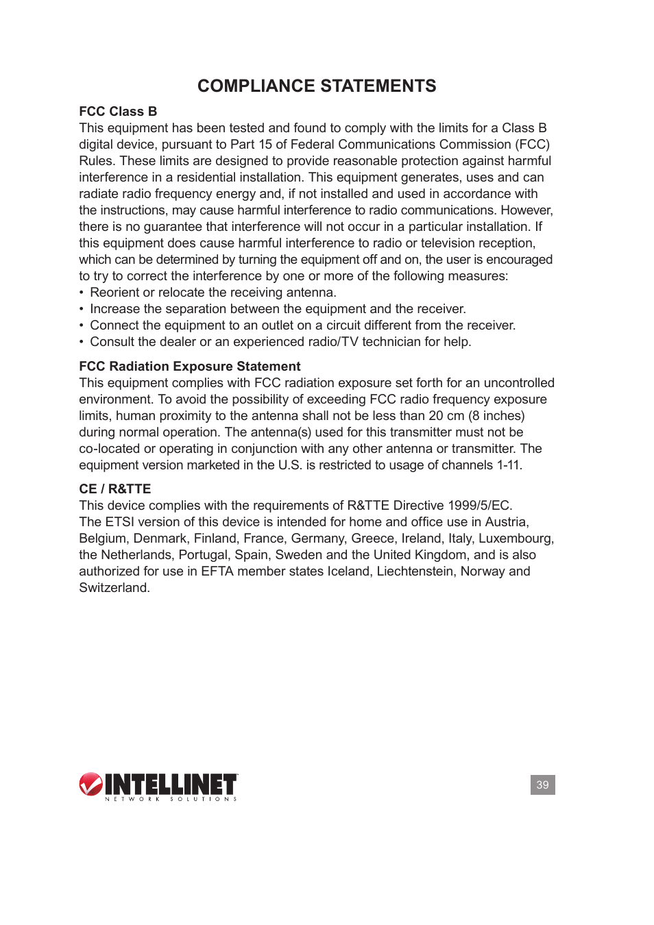 Compliance statements | INTELLINET NETWORK 525275 Wireless 450N Dual-Band USB Adapter User Manual User Manual | Page 39 / 40