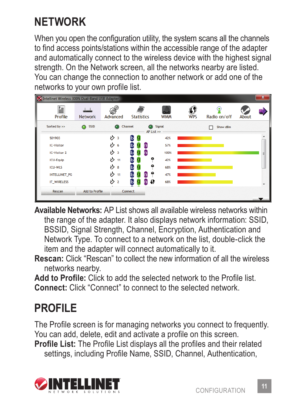 Network, Profile | INTELLINET NETWORK 524995 Wireless 300N Dual-Band USB Adapter User Manual User Manual | Page 11 / 34