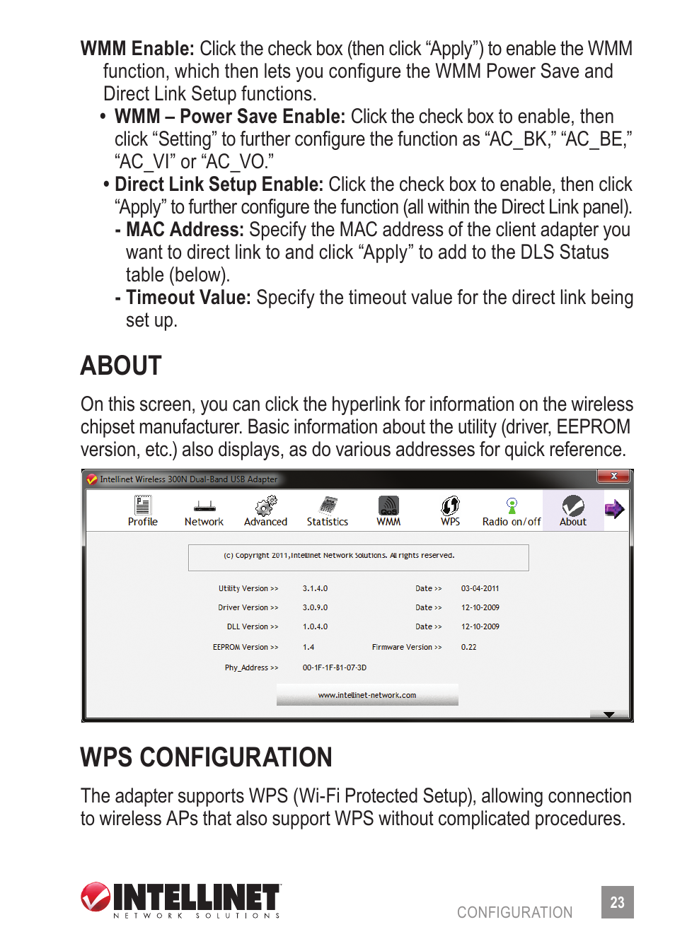 About, Wps configuration | INTELLINET NETWORK 524995 Wireless 300N Dual-Band USB Adapter User Manual User Manual | Page 23 / 34