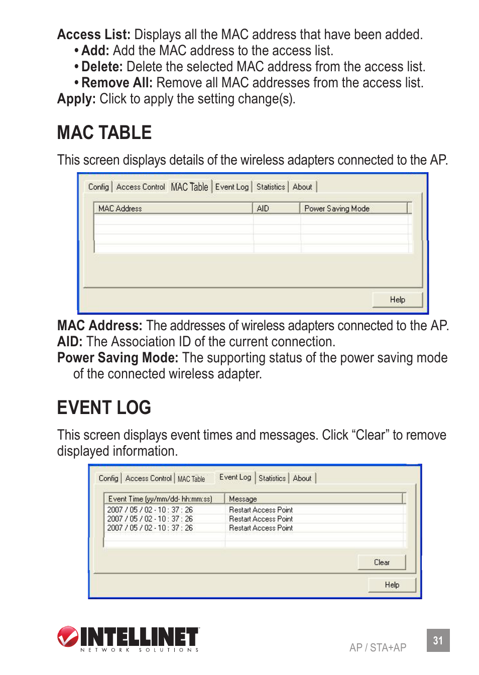 Mac table, Event log | INTELLINET NETWORK 524995 Wireless 300N Dual-Band USB Adapter User Manual User Manual | Page 31 / 34