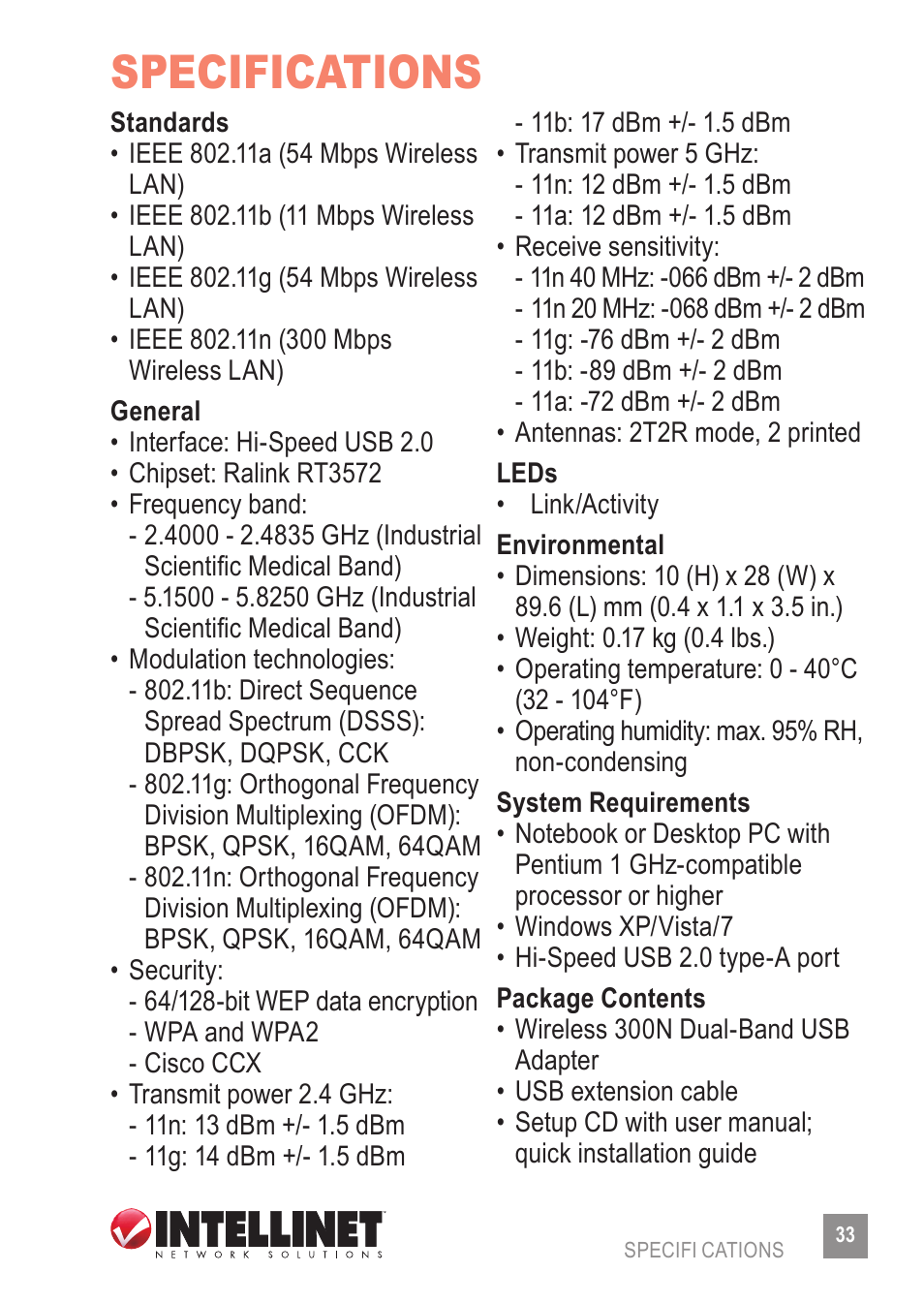 Specifications | INTELLINET NETWORK 524995 Wireless 300N Dual-Band USB Adapter User Manual User Manual | Page 33 / 34