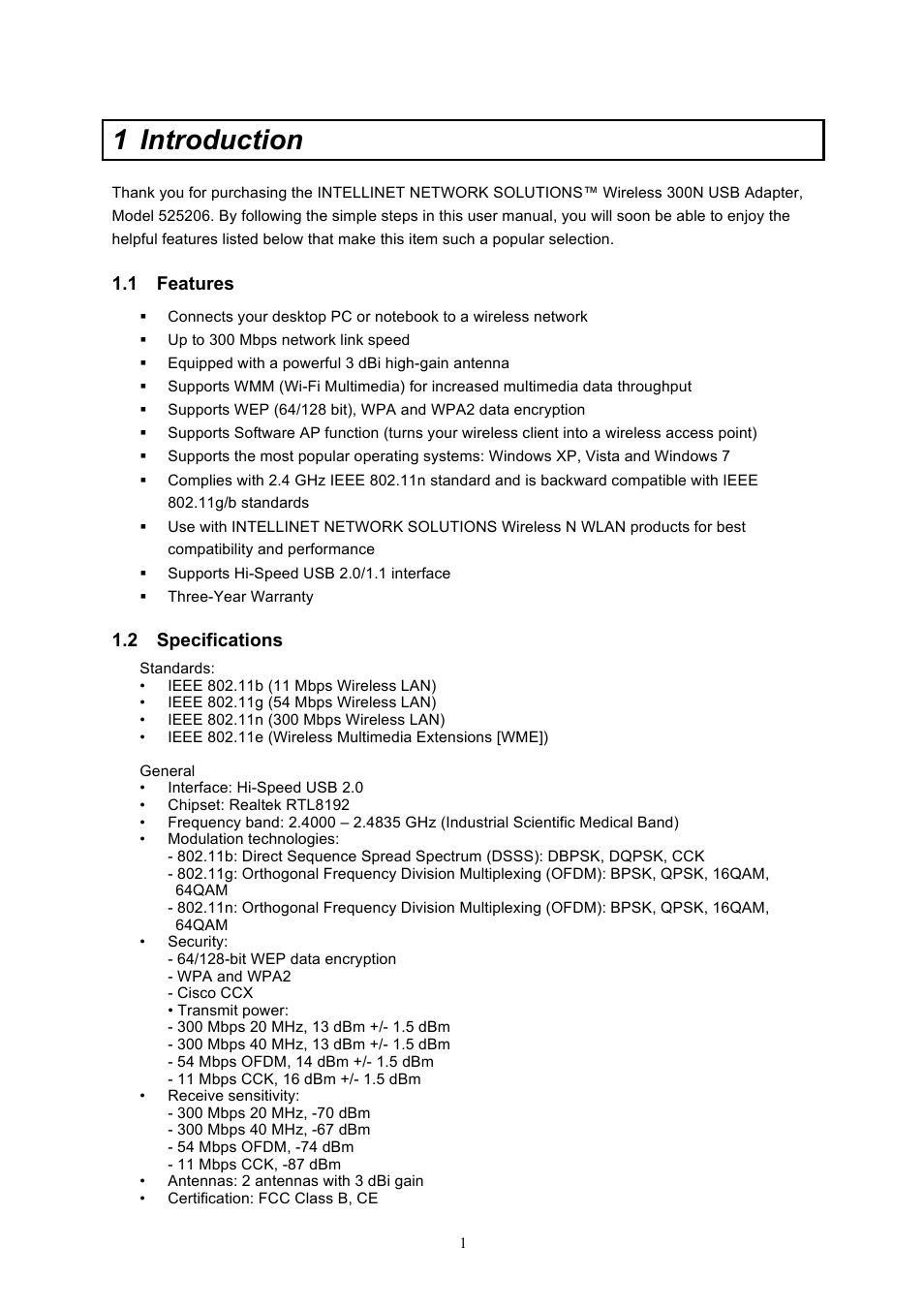 525206_01_man_cd.2, 1 introduction, 1 features | 2 specifications | INTELLINET NETWORK 525206 Wireless 300N High-Gain USB Adapter User Manual User Manual | Page 5 / 31