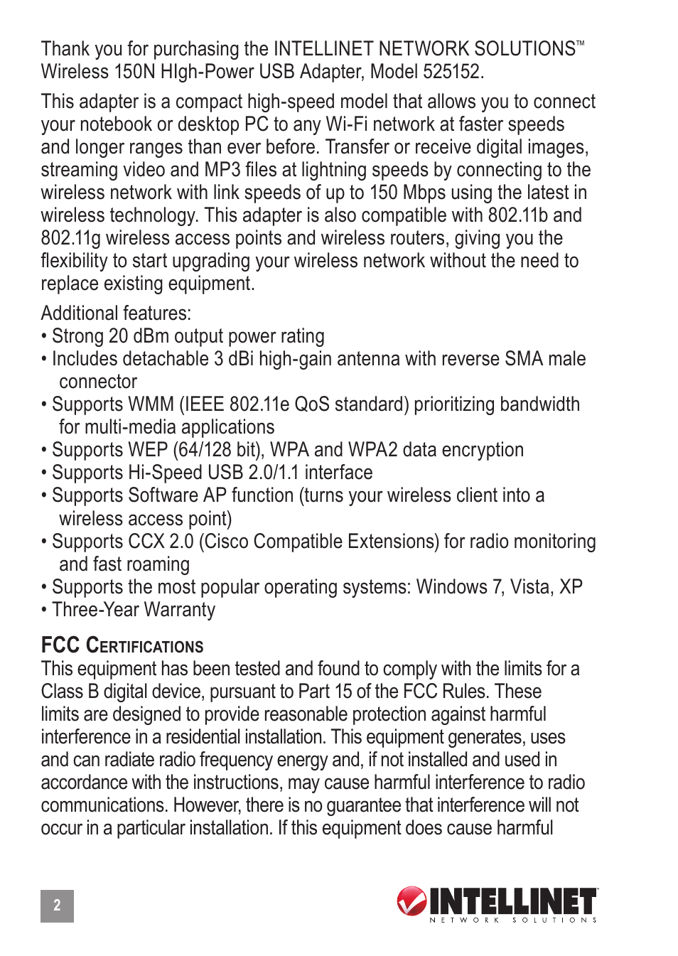 Fcc c | INTELLINET NETWORK 525152 Wireless 150N High-Power USB Adapter User Manual User Manual | Page 2 / 34