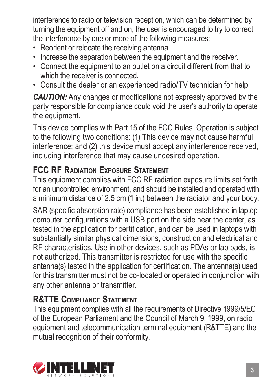 Fcc rf r, R&tte c | INTELLINET NETWORK 525152 Wireless 150N High-Power USB Adapter User Manual User Manual | Page 3 / 34