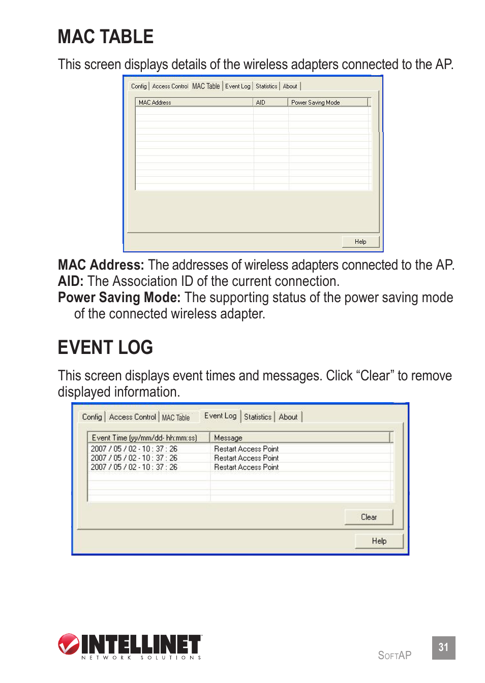 Mac table, Event log | INTELLINET NETWORK 525152 Wireless 150N High-Power USB Adapter User Manual User Manual | Page 31 / 34