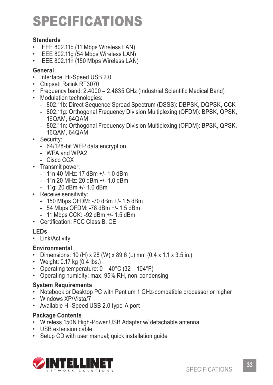 Specifications | INTELLINET NETWORK 525152 Wireless 150N High-Power USB Adapter User Manual User Manual | Page 33 / 34