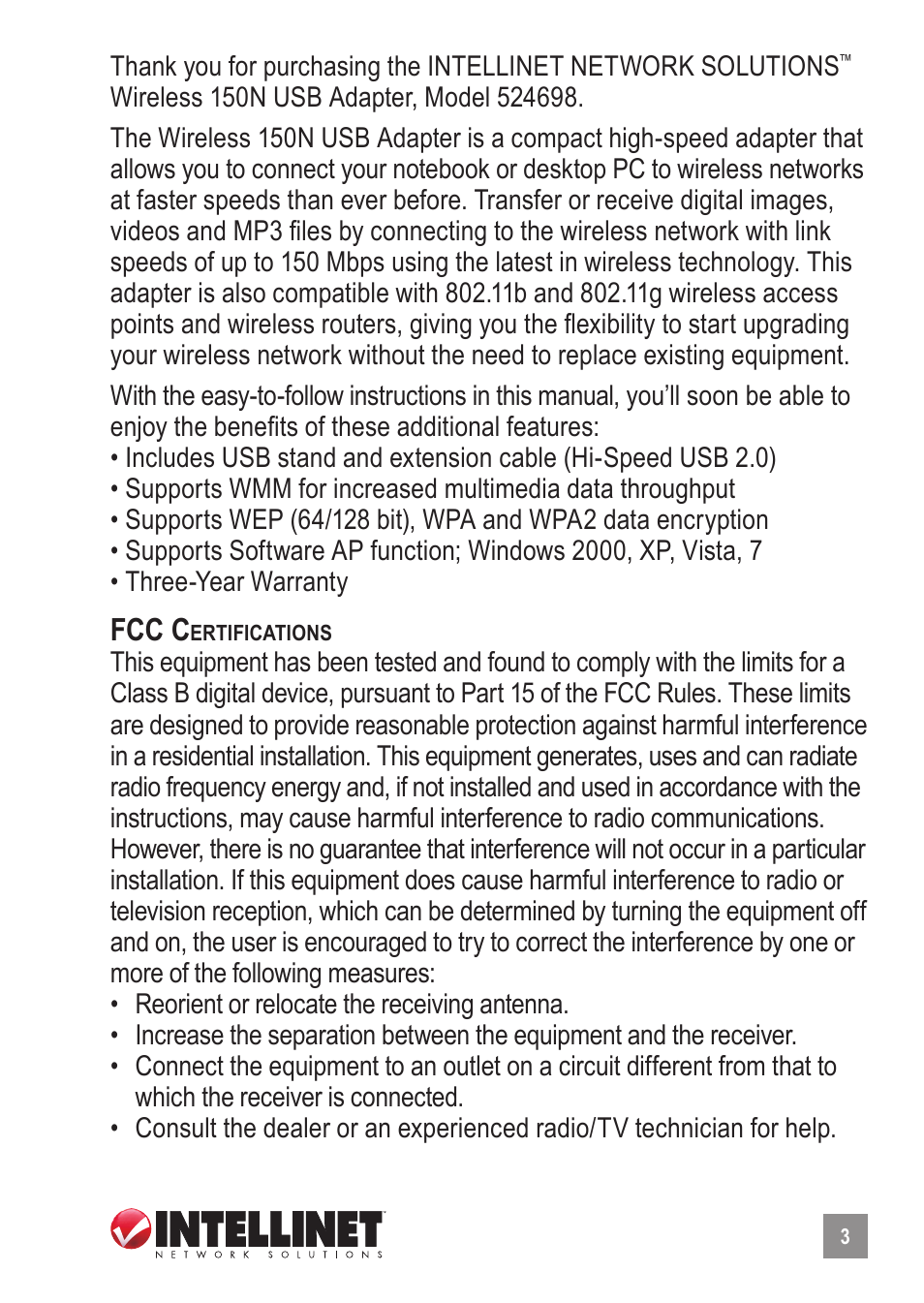 Fcc c | INTELLINET NETWORK 524698 Wireless 150N USB Adapter User Manual User Manual | Page 3 / 34