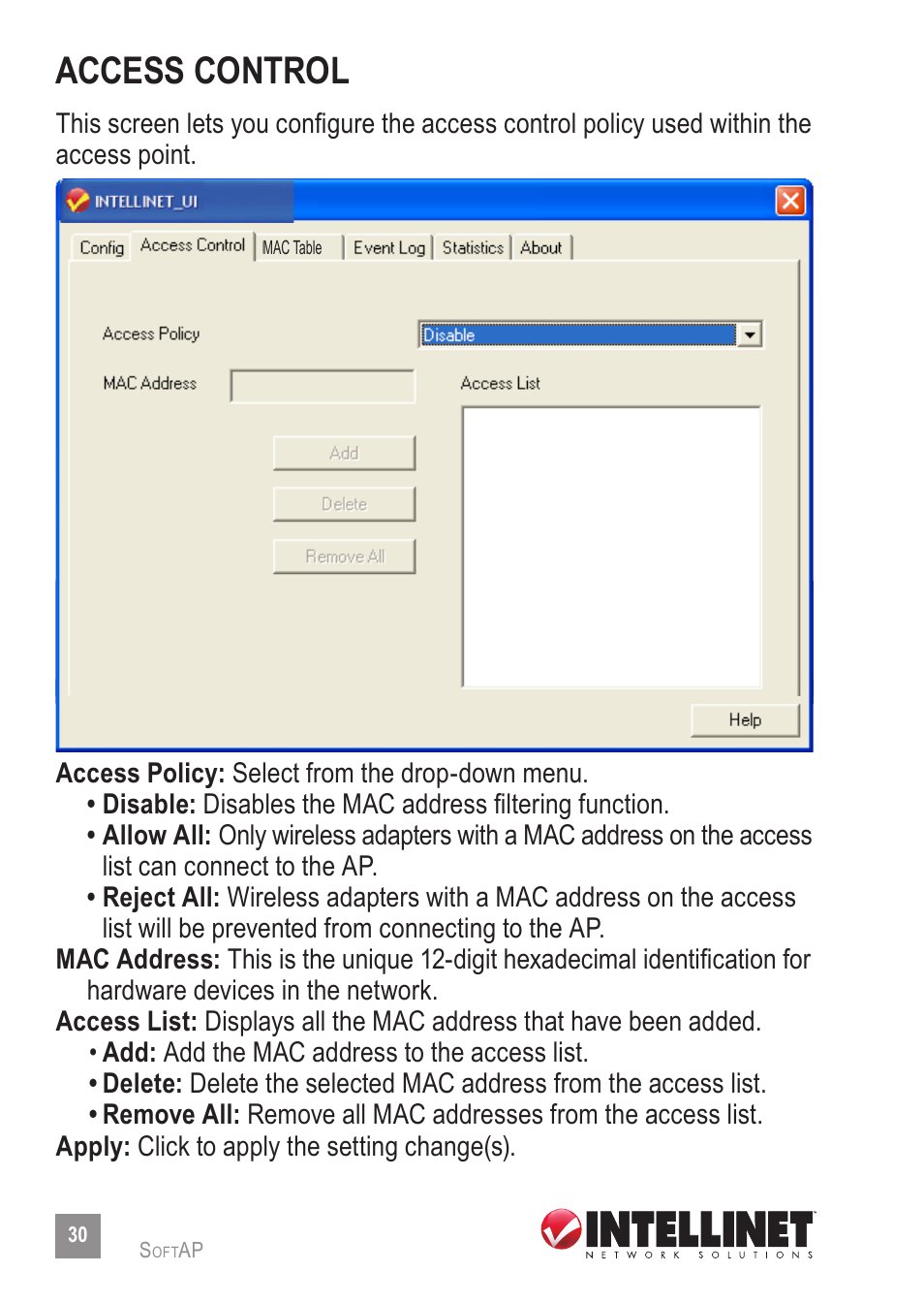 Access control | INTELLINET NETWORK 524698 Wireless 150N USB Adapter User Manual User Manual | Page 30 / 34