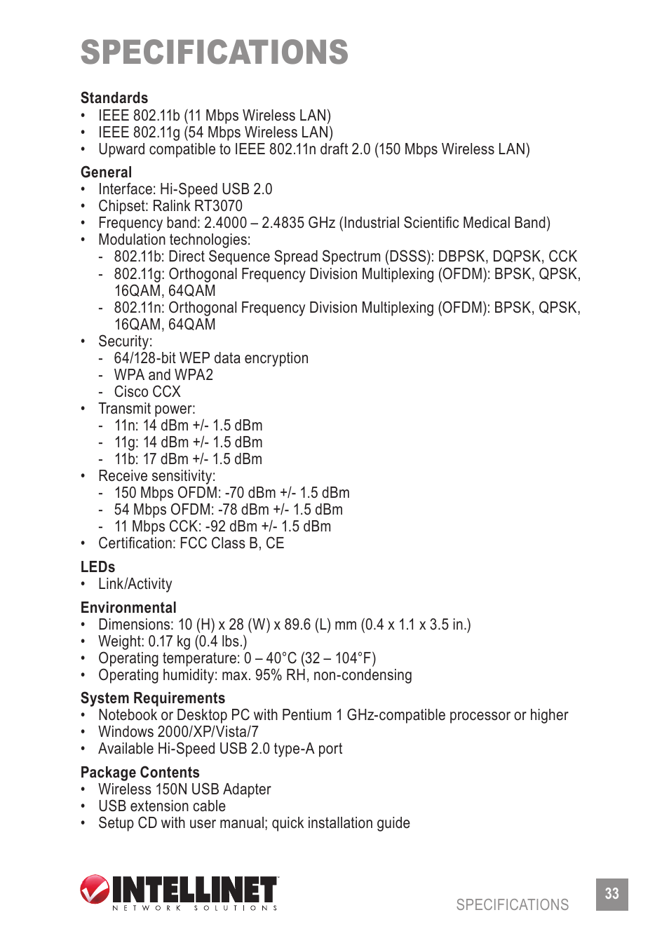 Specifications | INTELLINET NETWORK 524698 Wireless 150N USB Adapter User Manual User Manual | Page 33 / 34
