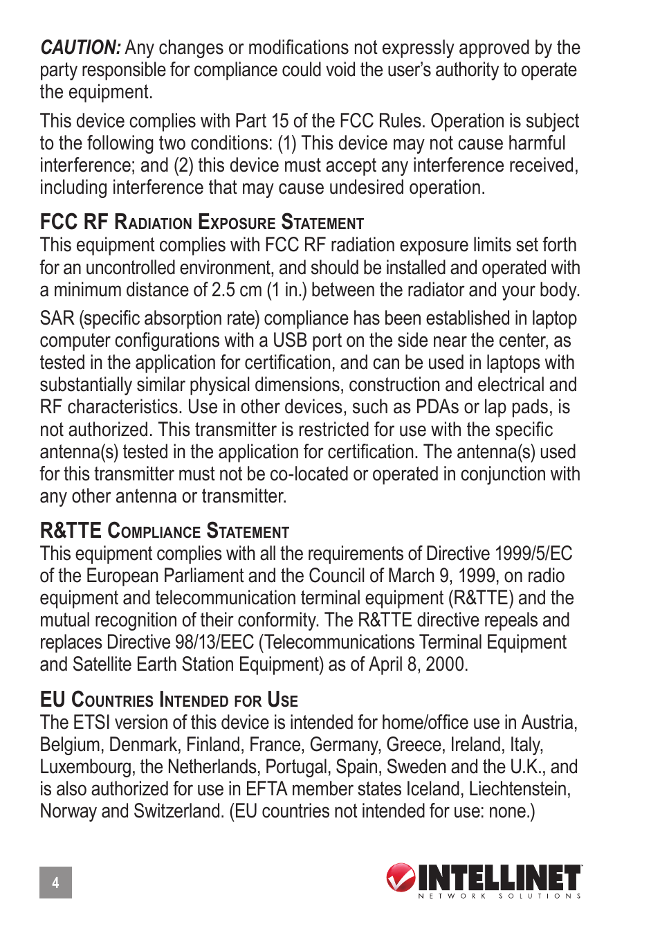 Fcc rf r, R&tte c, Eu c | INTELLINET NETWORK 524698 Wireless 150N USB Adapter User Manual User Manual | Page 4 / 34