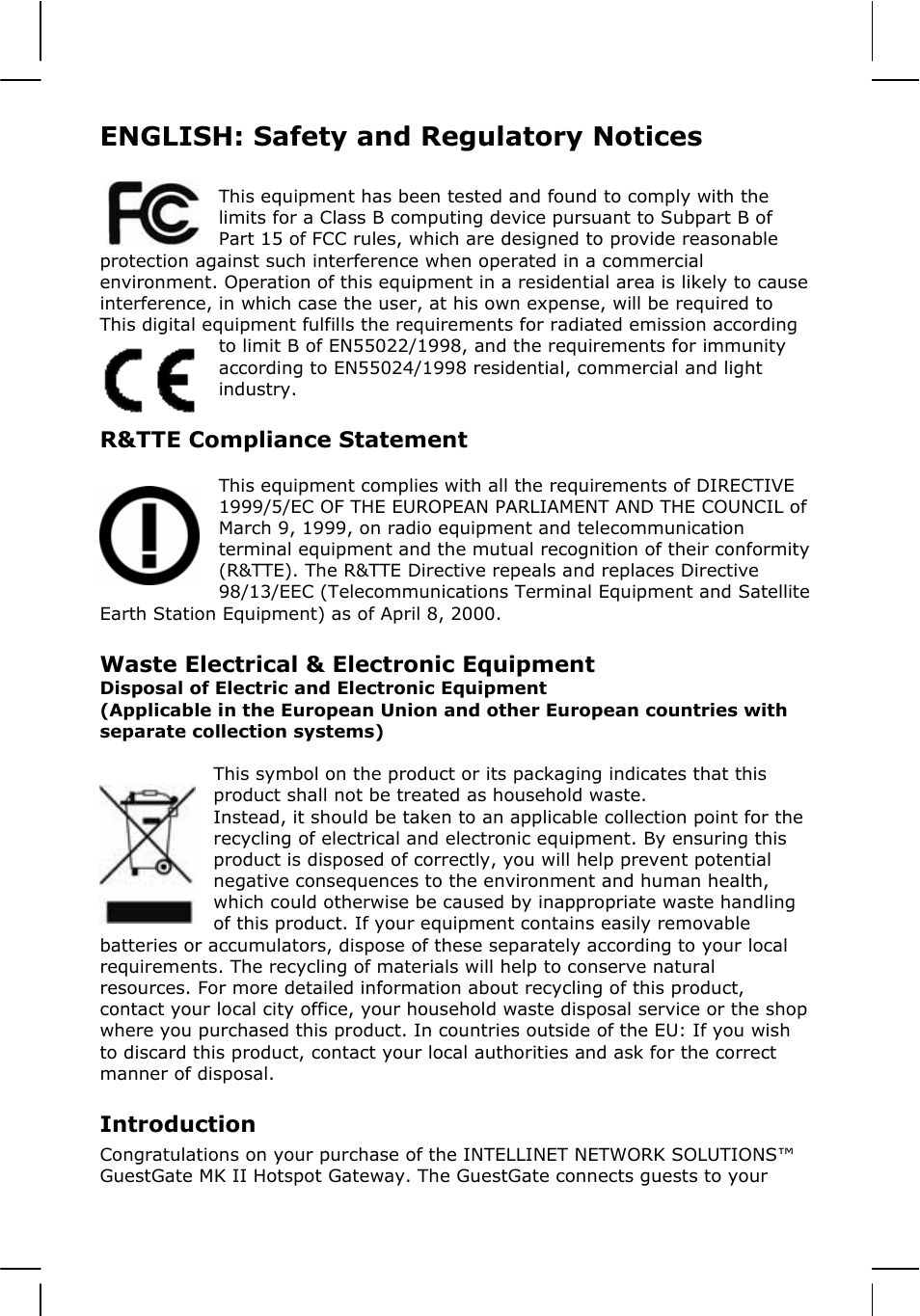 English: safety and regulatory notices | INTELLINET NETWORK 524827 GuestGate MK II Quick Install Guide User Manual | Page 2 / 36