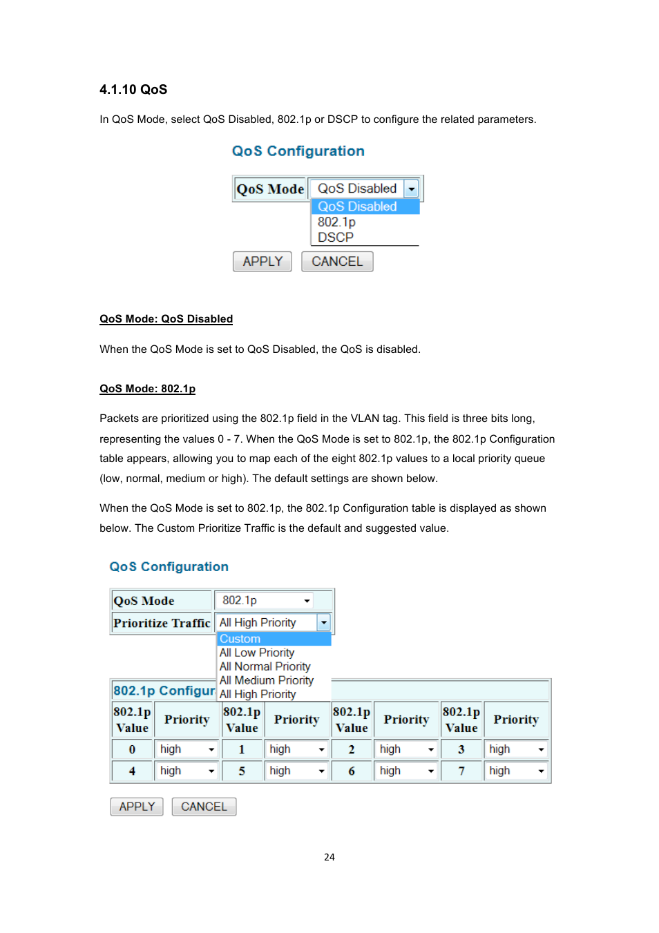 10 qos | INTELLINET NETWORK 560900 24 Ports Gigabit + 4 Gigabit SFP PoE+ Web Management Ethernet Switch User Manual User Manual | Page 25 / 40