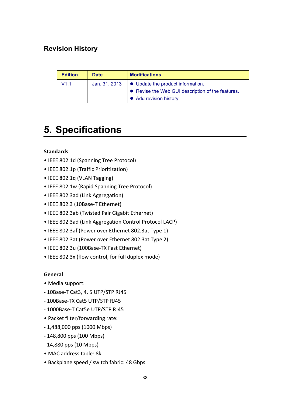 Specifications, Revision history | INTELLINET NETWORK 560900 24 Ports Gigabit + 4 Gigabit SFP PoE+ Web Management Ethernet Switch User Manual User Manual | Page 39 / 40