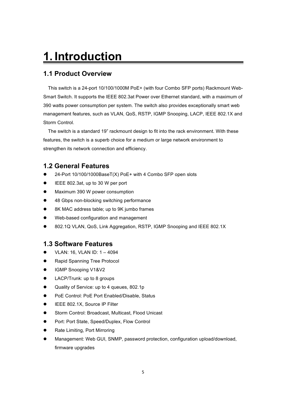 Introduction, 1 product overview, 2 general features | 3 software features | INTELLINET NETWORK 560900 24 Ports Gigabit + 4 Gigabit SFP PoE+ Web Management Ethernet Switch User Manual User Manual | Page 6 / 40