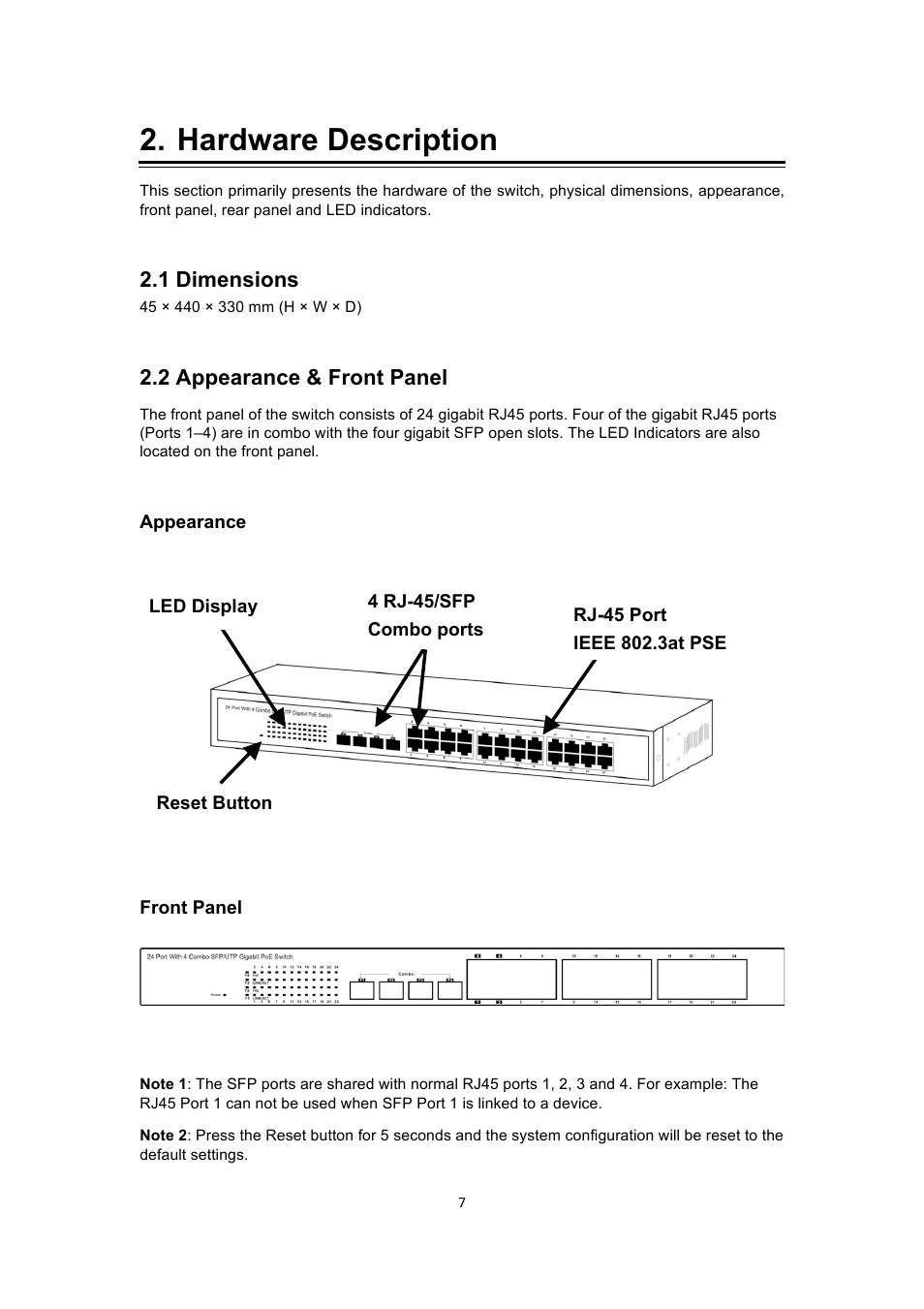 Hardware description, 1 dimensions, 2 appearance & front panel | INTELLINET NETWORK 560900 24 Ports Gigabit + 4 Gigabit SFP PoE+ Web Management Ethernet Switch User Manual User Manual | Page 8 / 40
