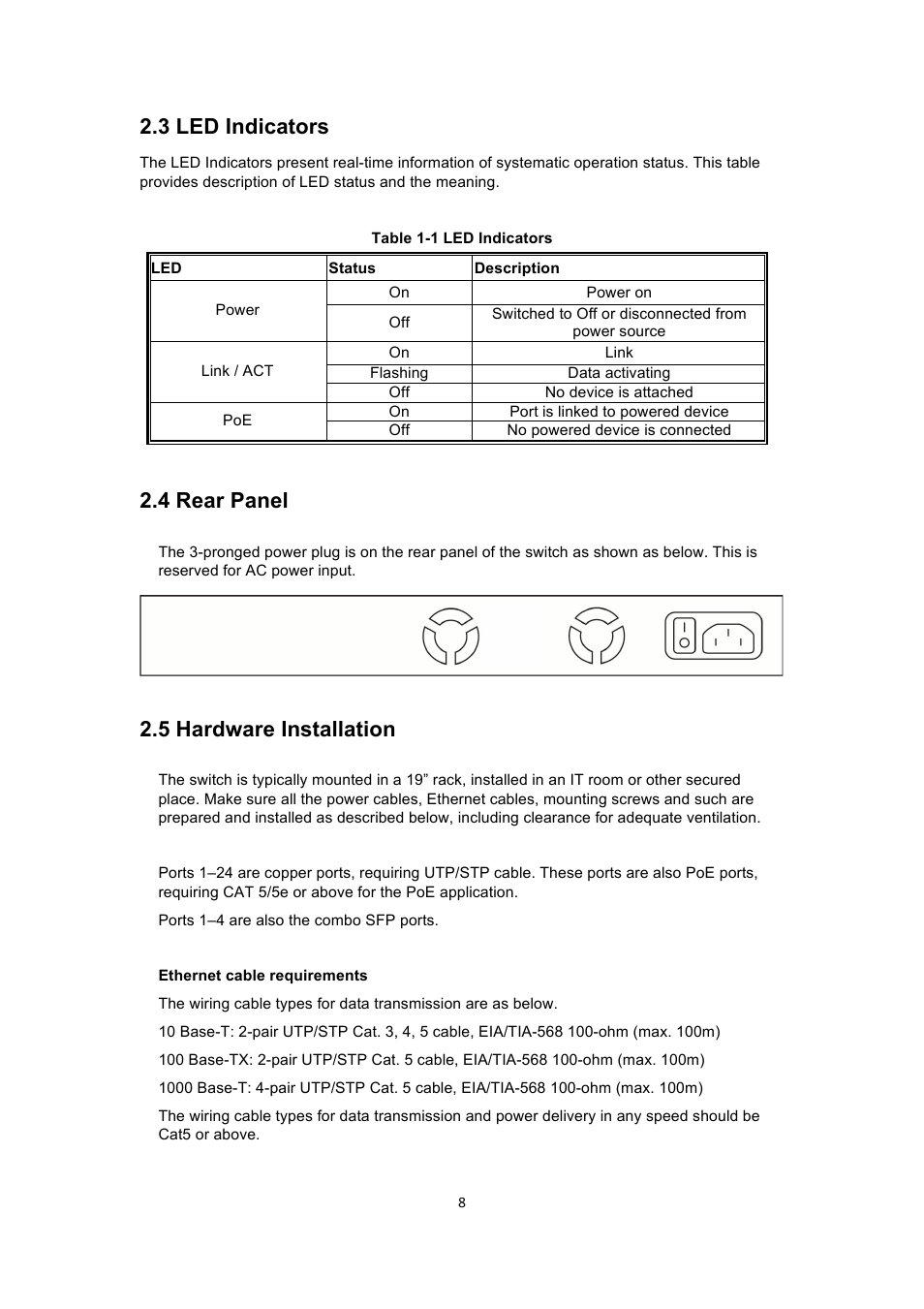 3 led indicators, 4 rear panel, 5 hardware installation | INTELLINET NETWORK 560900 24 Ports Gigabit + 4 Gigabit SFP PoE+ Web Management Ethernet Switch User Manual User Manual | Page 9 / 40