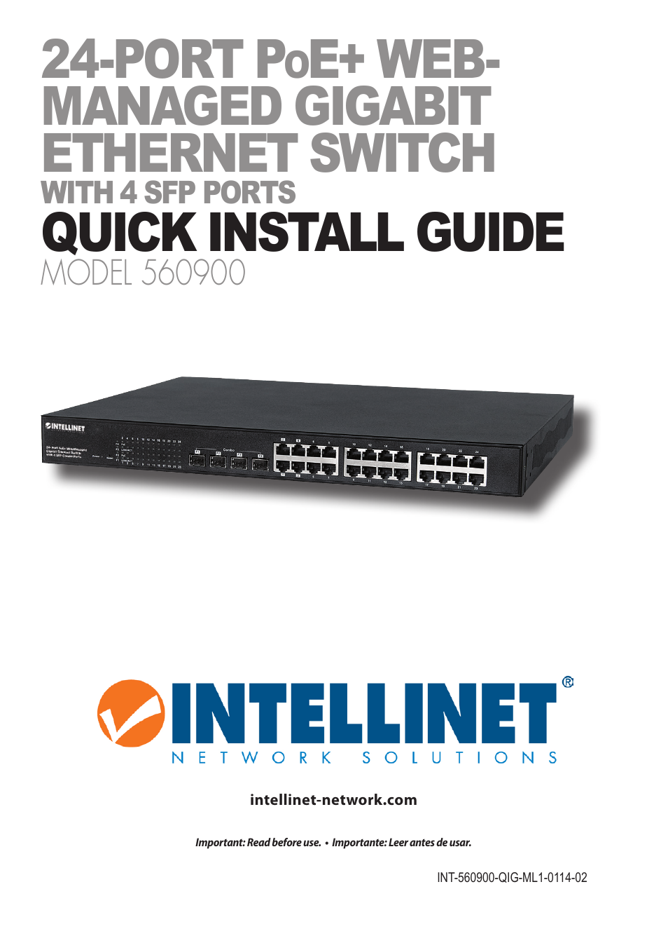 INTELLINET NETWORK 560900 24 Ports Gigabit + 4 Gigabit SFP PoE+ Web Management Ethernet Switch Quick Install Guide User Manual | 12 pages