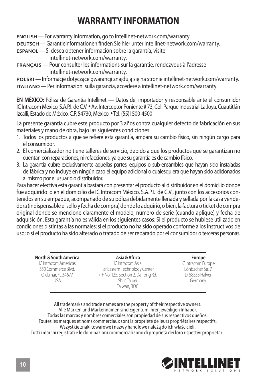 Warranty information | INTELLINET NETWORK 560900 24 Ports Gigabit + 4 Gigabit SFP PoE+ Web Management Ethernet Switch Quick Install Guide User Manual | Page 10 / 12