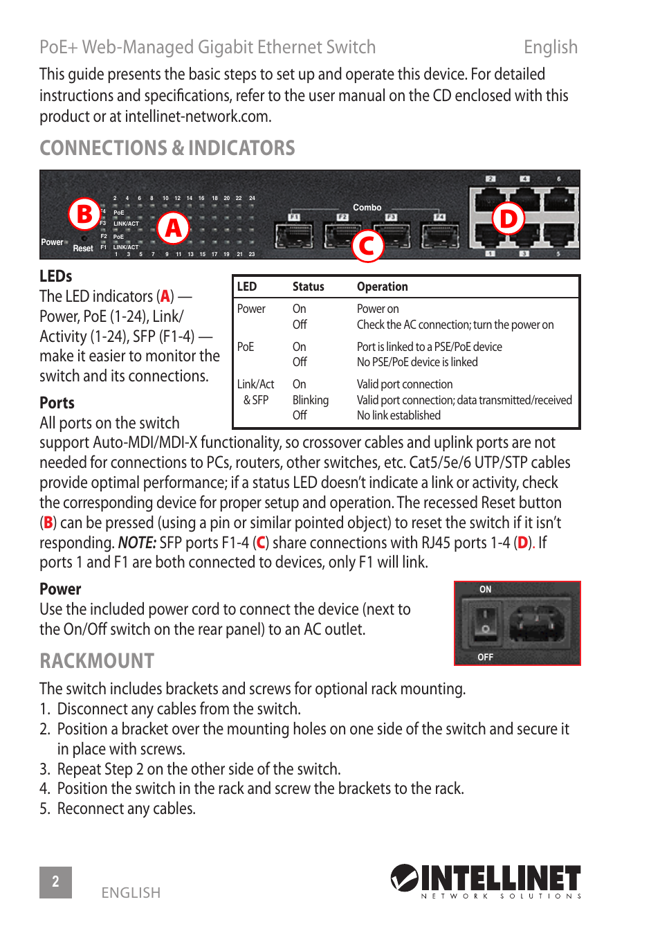 Ab c d, Connections & indicators, Rackmount | Poe+ web-managed gigabit ethernet switch english | INTELLINET NETWORK 560900 24 Ports Gigabit + 4 Gigabit SFP PoE+ Web Management Ethernet Switch Quick Install Guide User Manual | Page 2 / 12