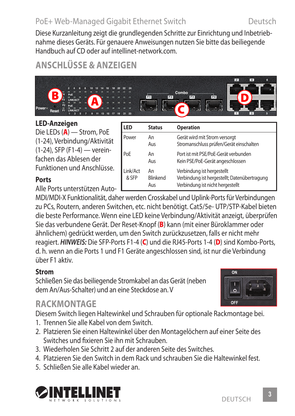 Ab c d, Anschlüsse & anzeigen, Rackmontage | Poe+ web-managed gigabit ethernet switch deutsch | INTELLINET NETWORK 560900 24 Ports Gigabit + 4 Gigabit SFP PoE+ Web Management Ethernet Switch Quick Install Guide User Manual | Page 3 / 12